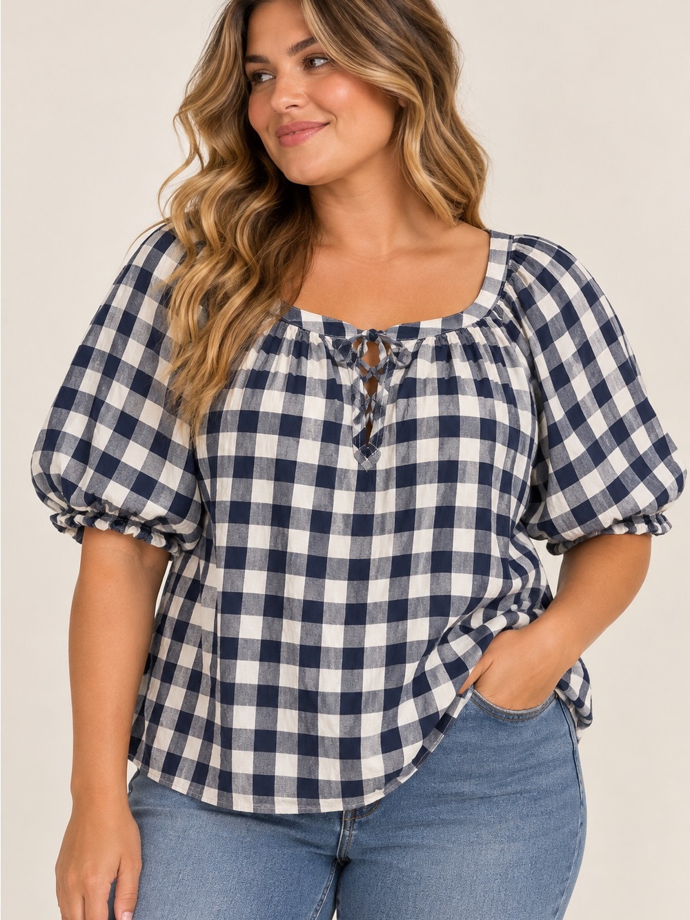 St. John’s Bay XXL Navy Gingham Puff Sleeve Lace Up Peasant Blouse